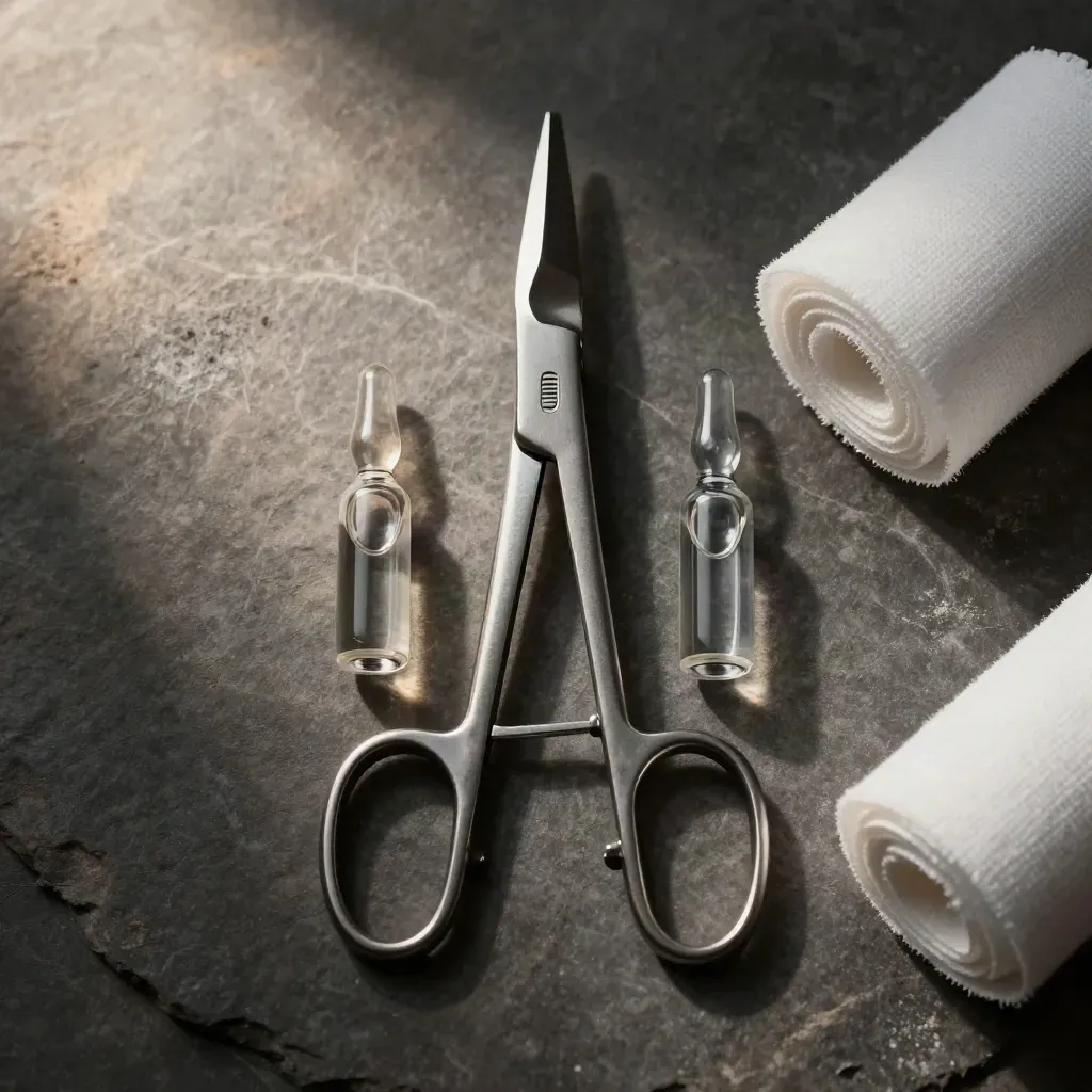 Surgical forceps, glass ampoules and gauze on dark stone, shot straight down in cool clinical light.