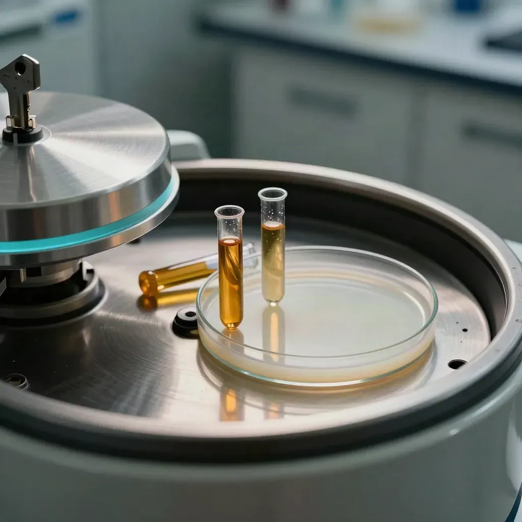 Centrifuge rotor ring, amber tubes, and frosted petri dish on brushed steel in a cool lab still life.