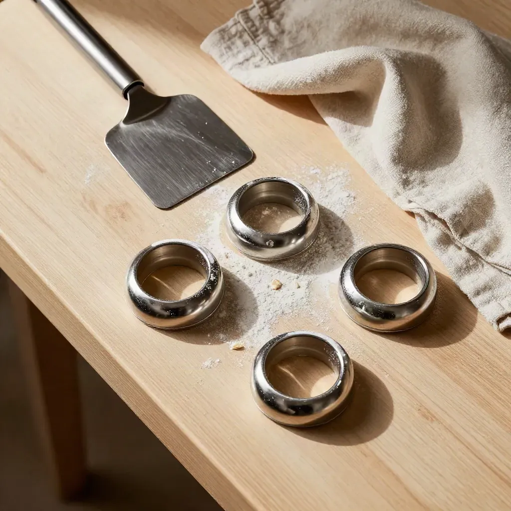 Overhead pastry tools on pale wood with flour dust and warm light