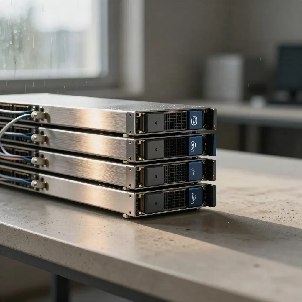 Edge-server blade stack with fibre loops and transceiver cartridges on a concrete plinth.