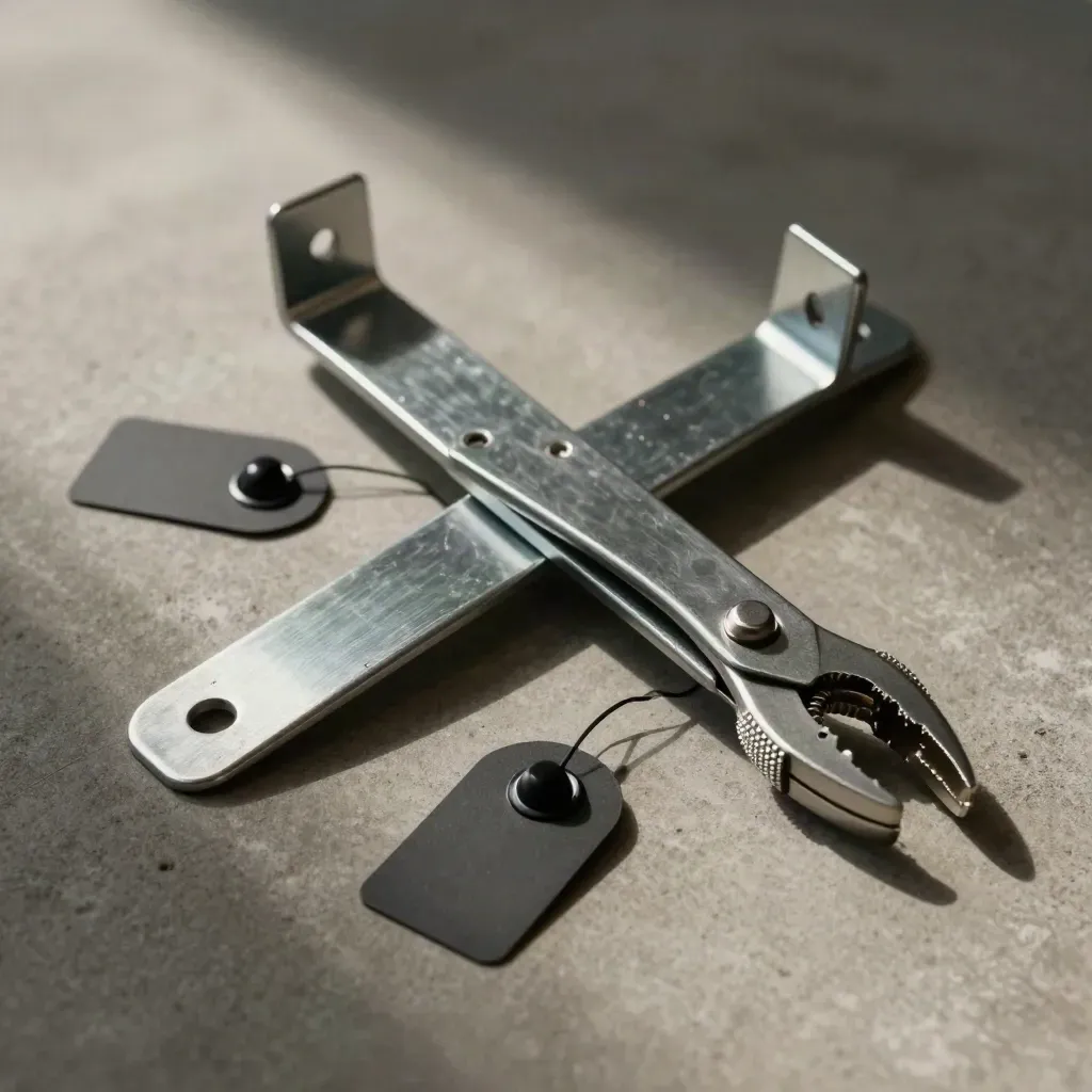 Retail security tags, metal shelf brackets and a tag remover on concrete in premium editorial light.