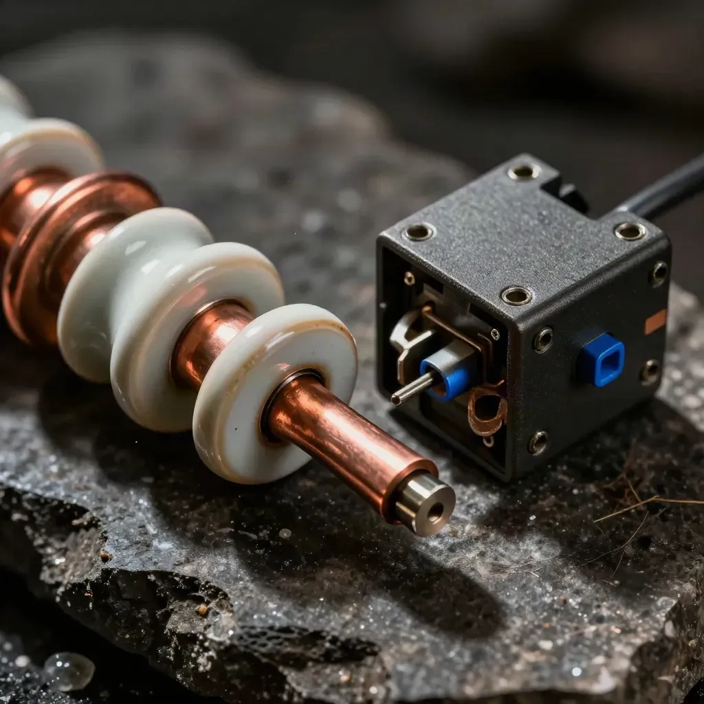 Extreme macro of insulator, busbar, and breaker module on dark basalt with blue accent