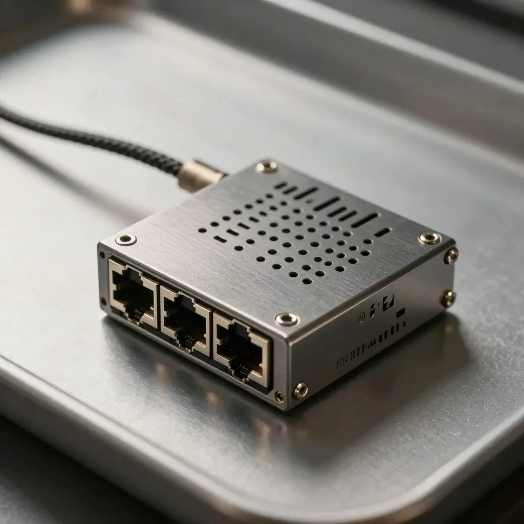 Macro rack status module with ethernet jacks and vented plates on graphite metal tray