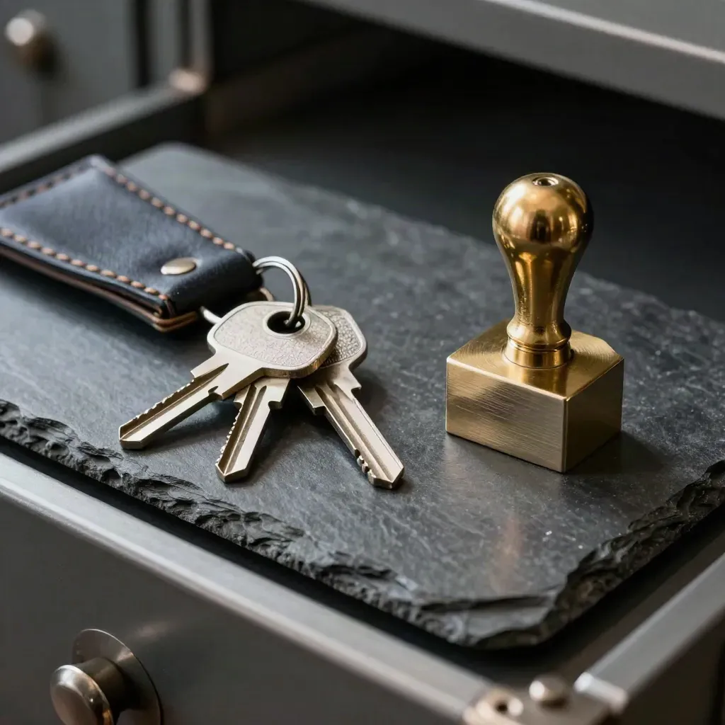 Vault keys, steel lock plate, and brass seal stamp on slate under dramatic side light.