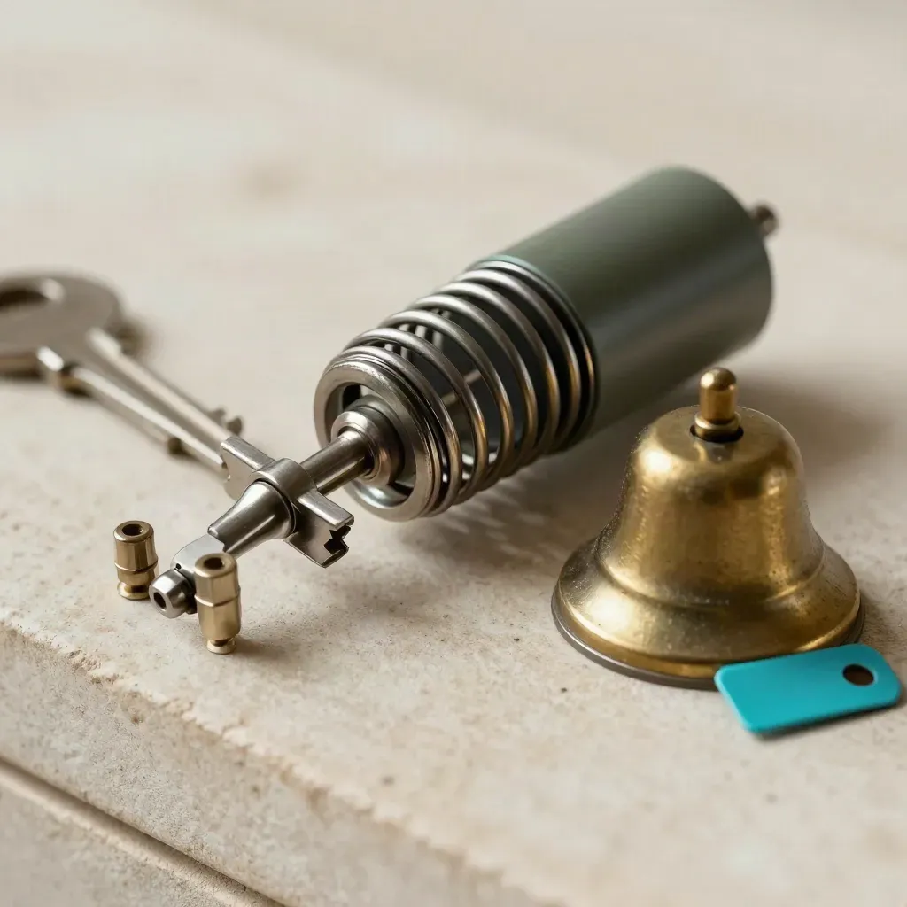 Relay trip mechanism with bell contact and cyan safety clip on pale stone.