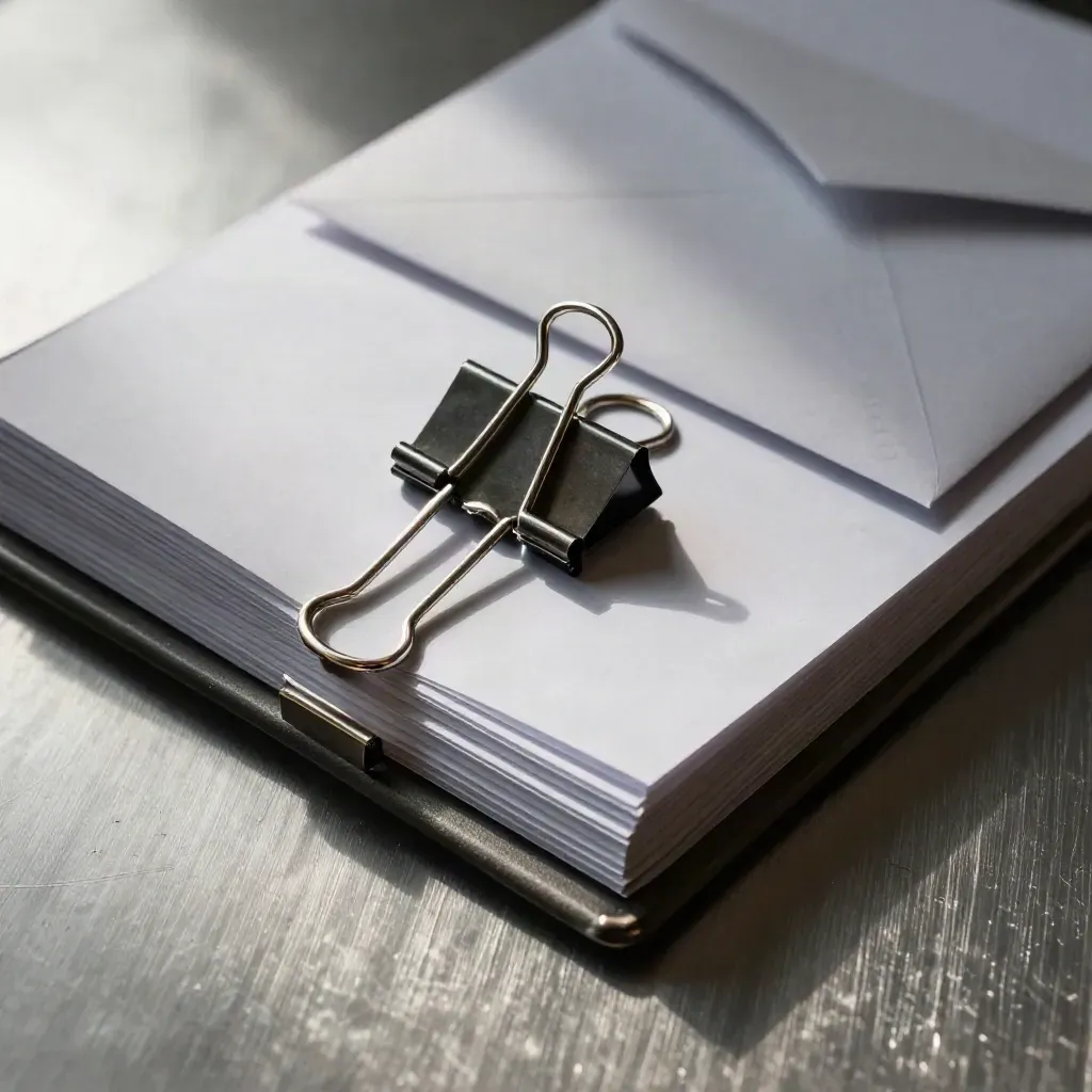 Binder clips, blank report stack and stamped envelope on brushed aluminium under raking light.