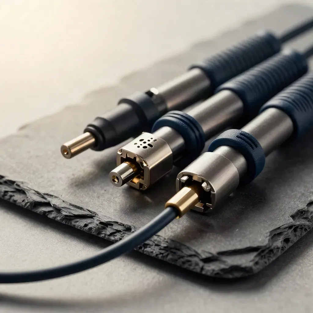 Macro still life of network probes, sensor puck, and cable test heads on graphite slate in cool haze