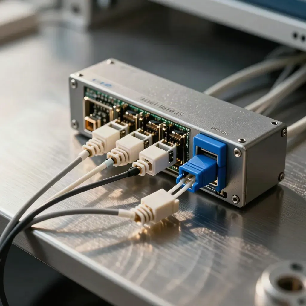 Fiber connector modules and plugs arranged on brushed steel with soft daylight