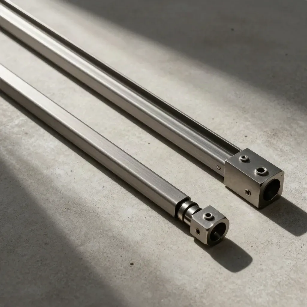 Top-down still life of linked metal blocks and guide rails on pale concrete.