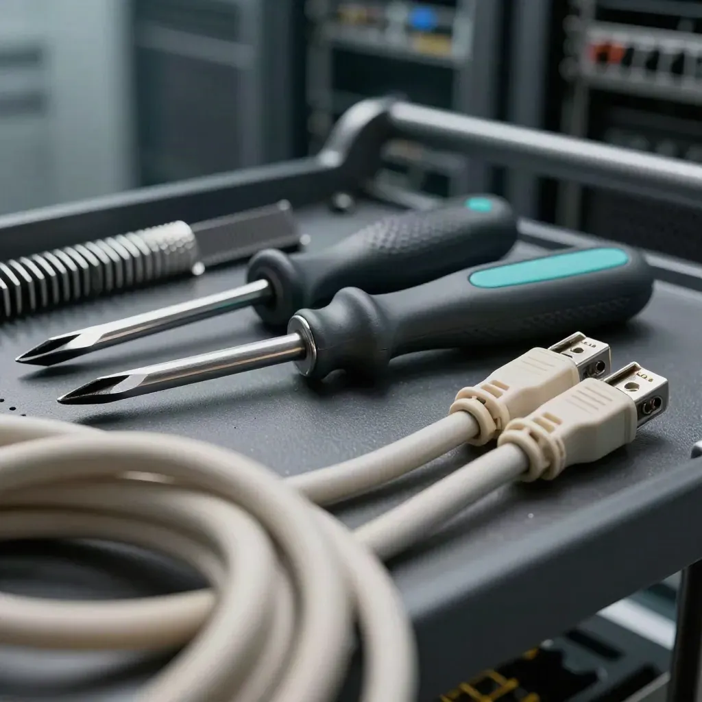 Macro of IT tools on a server cart beside a coiled cable, lit in cool industrial light.
