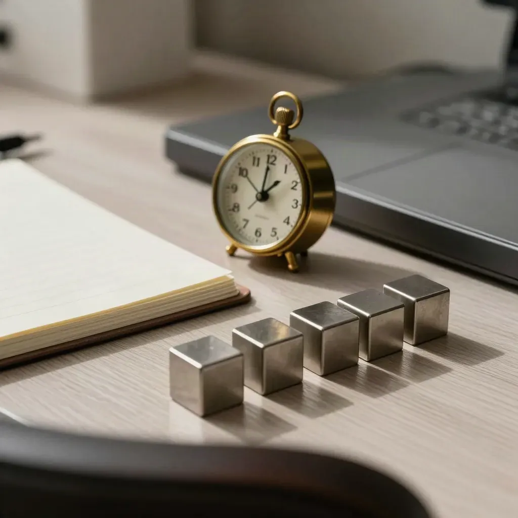 Brass timer, paper tray, and metal schedule cubes on pale wood in a dramatic office still life