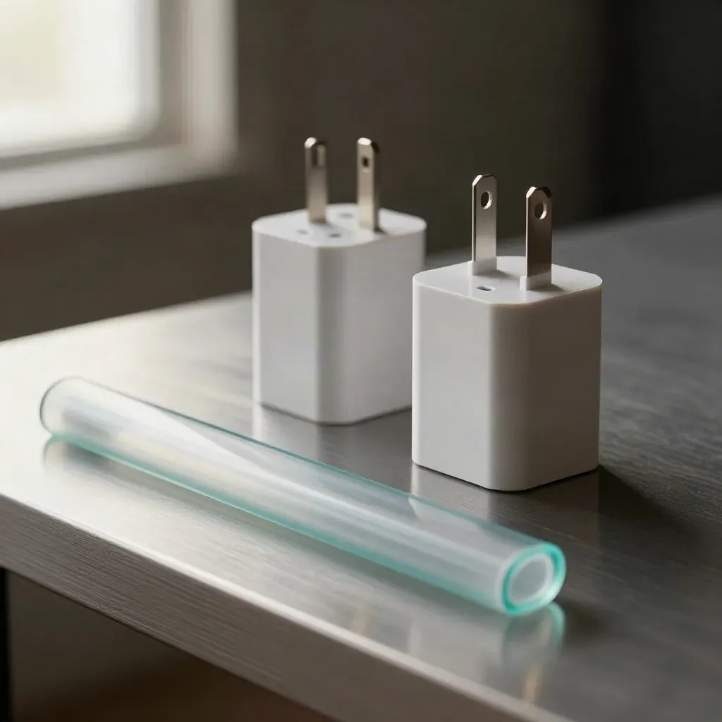 Edge boxes and EU adapters beside a frosted cable sleeve on brushed metal, lit by cool window light.