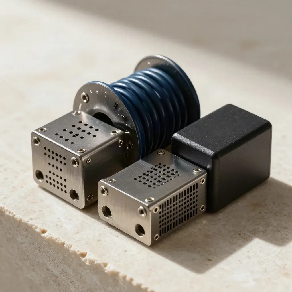 Top-down still life of server modules, cable spool and power brick on pale limestone
