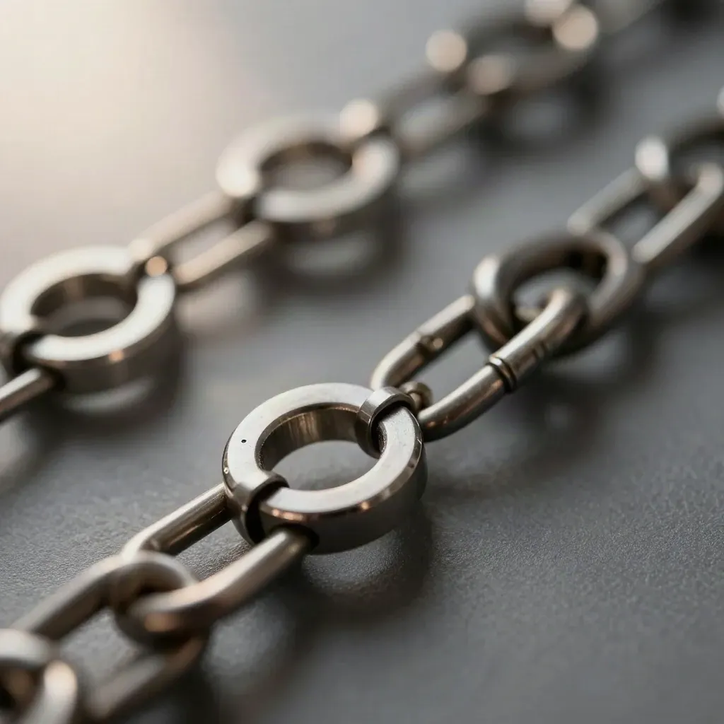 Linked metal rings, cable clips and a connector cradle on graphite, lit from upper left.
