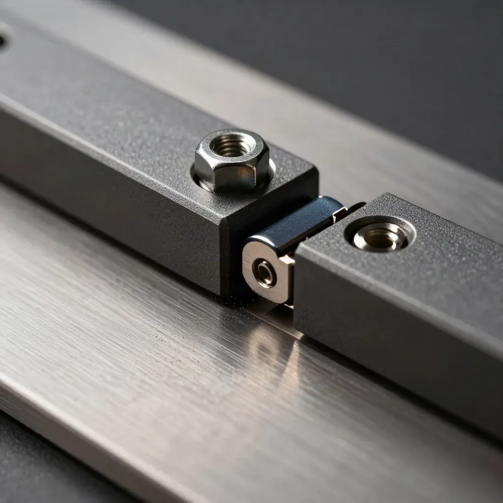 Machined brackets, fasteners, and a steel hinge meet in a dramatic studio still life.
