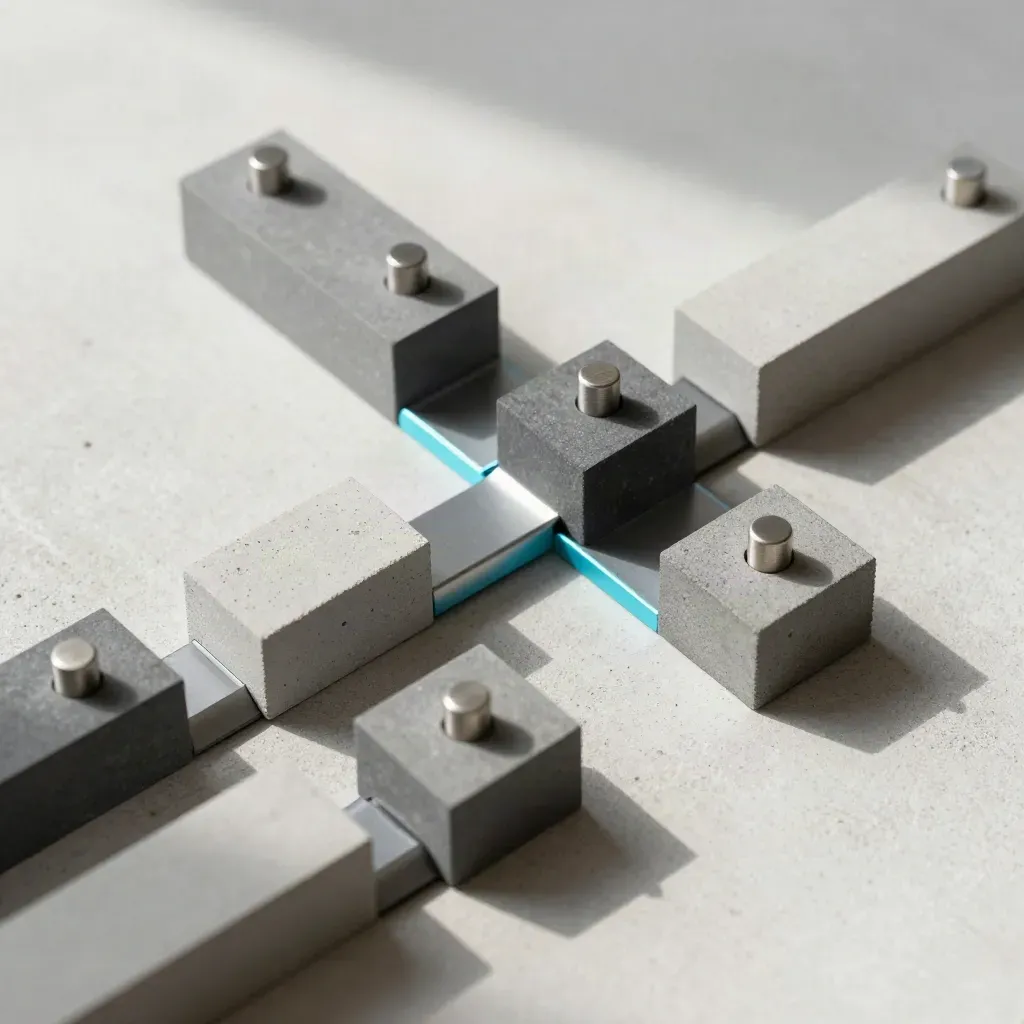 Top-down still life of graphite blocks, alignment pins, and a rail connector on pale concrete.