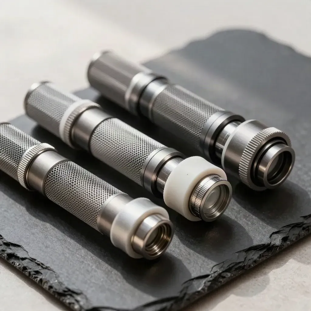 Precision couplers, vented mesh modules and inspection port on dark slate under soft light