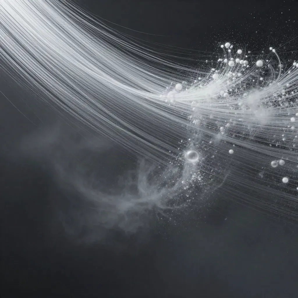 Abstract silver filaments bloom in graphite space with drifting motes and calm copy area.